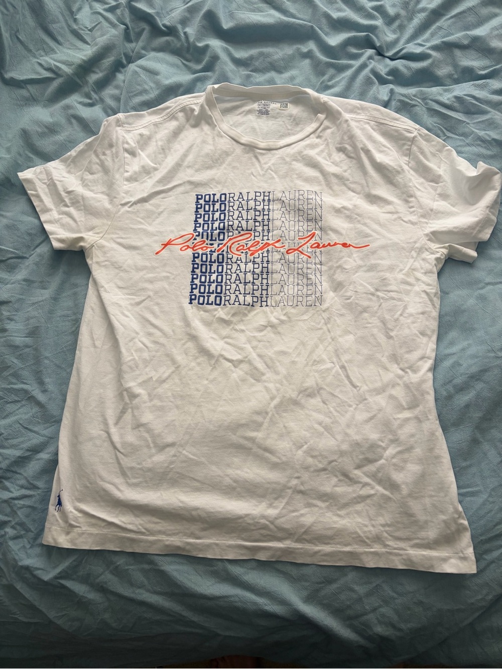 Polo by Ralph Lauren White Tee with Blue Repeat Logo and Orange Script